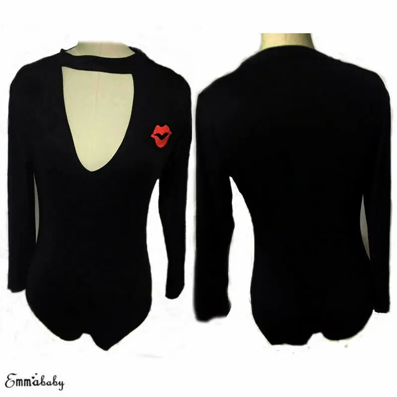 

Sexy Women Long sleeve Bandage Bodysuit Black V Neck 20190 Autumn Basic Leotard Tops Short Jumpsuit Rompers Hot