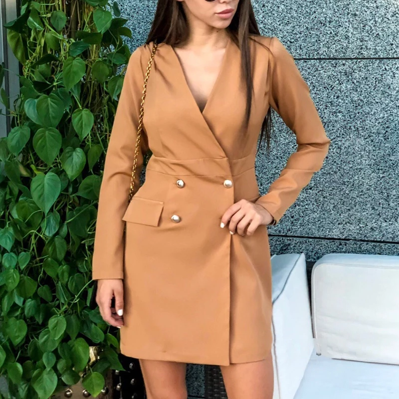 Винтажное однотонное женское офисное платье Осеннее двубортное сексуальное с v