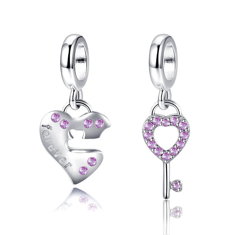 

925 Sterling Silver Heart Shape Key and Lock Charms Pink Zircon Beads Fit Pandora Bracelet Fine Jewelry Making For Women Gifts