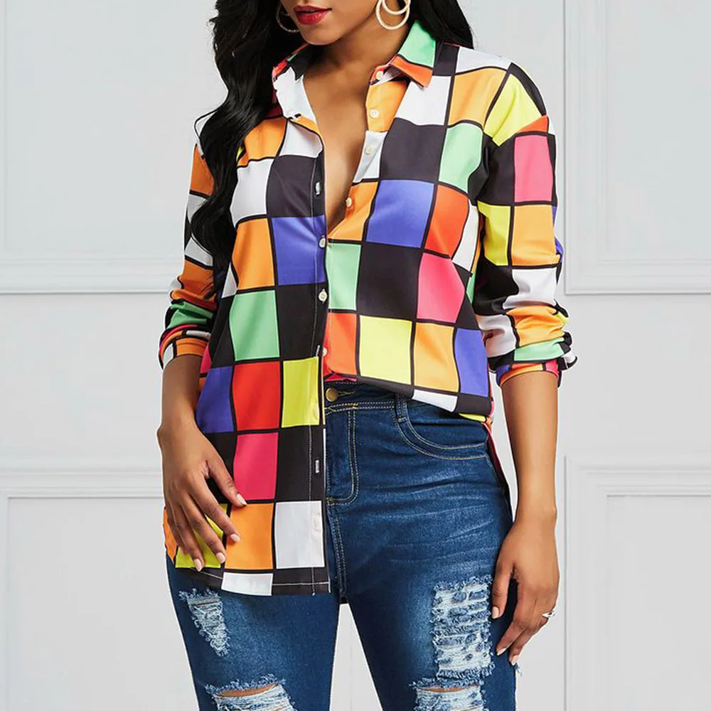 

Женская рубашка с цветными пуговицами и геометрическим принтом, прямая блузка с лацканами, одежда для молодых женщин, офисный Топ, Весенняя ...