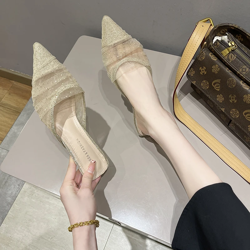 

7Cm 2022 Spring Women Mules Fashion Mesh Slip On Pointed Toe Elegant High Heel Slides Sexy Summer Shoes Beige Black