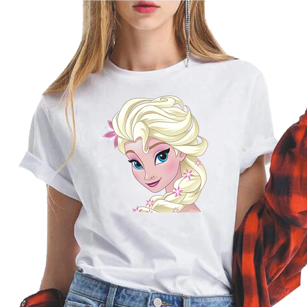 

2021 Disney Women's Top Short Sleeve Frozen Queen Elsa Princess Anna Sven Summer Casual Wear Korean Cute Harajuku Tee T-shirt