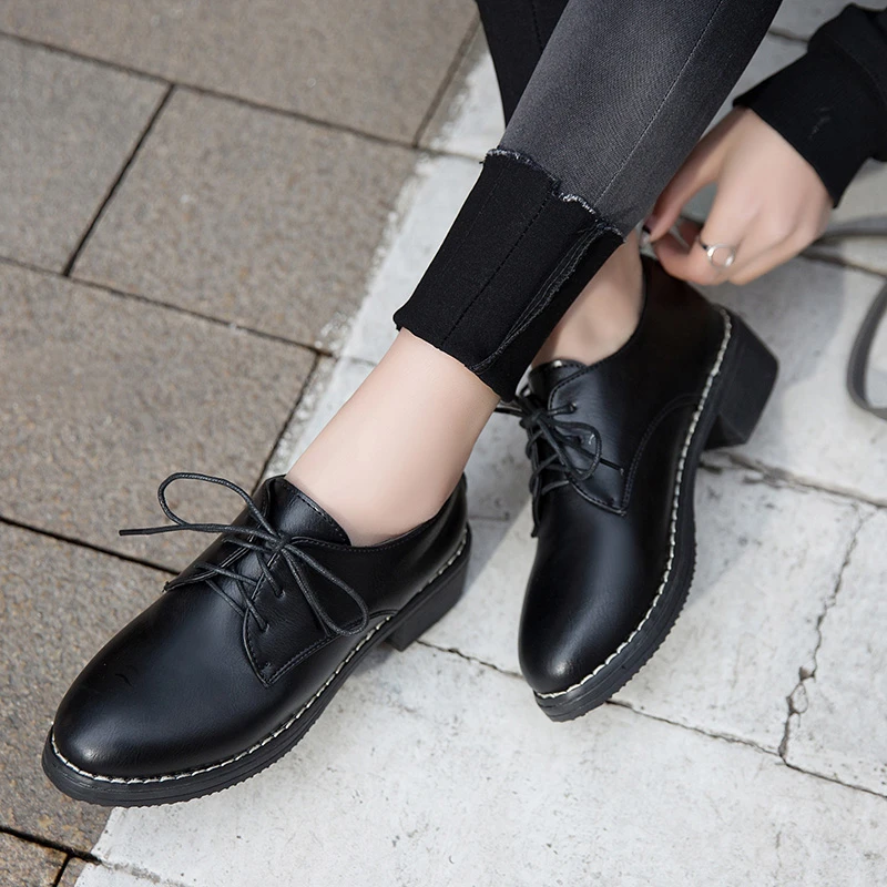 

New Autumn Women Shoes Solid Black Leather Oxford Shoes Woman Lace Up High Heels Thick Bottom Platform Loafers Casual Shoes