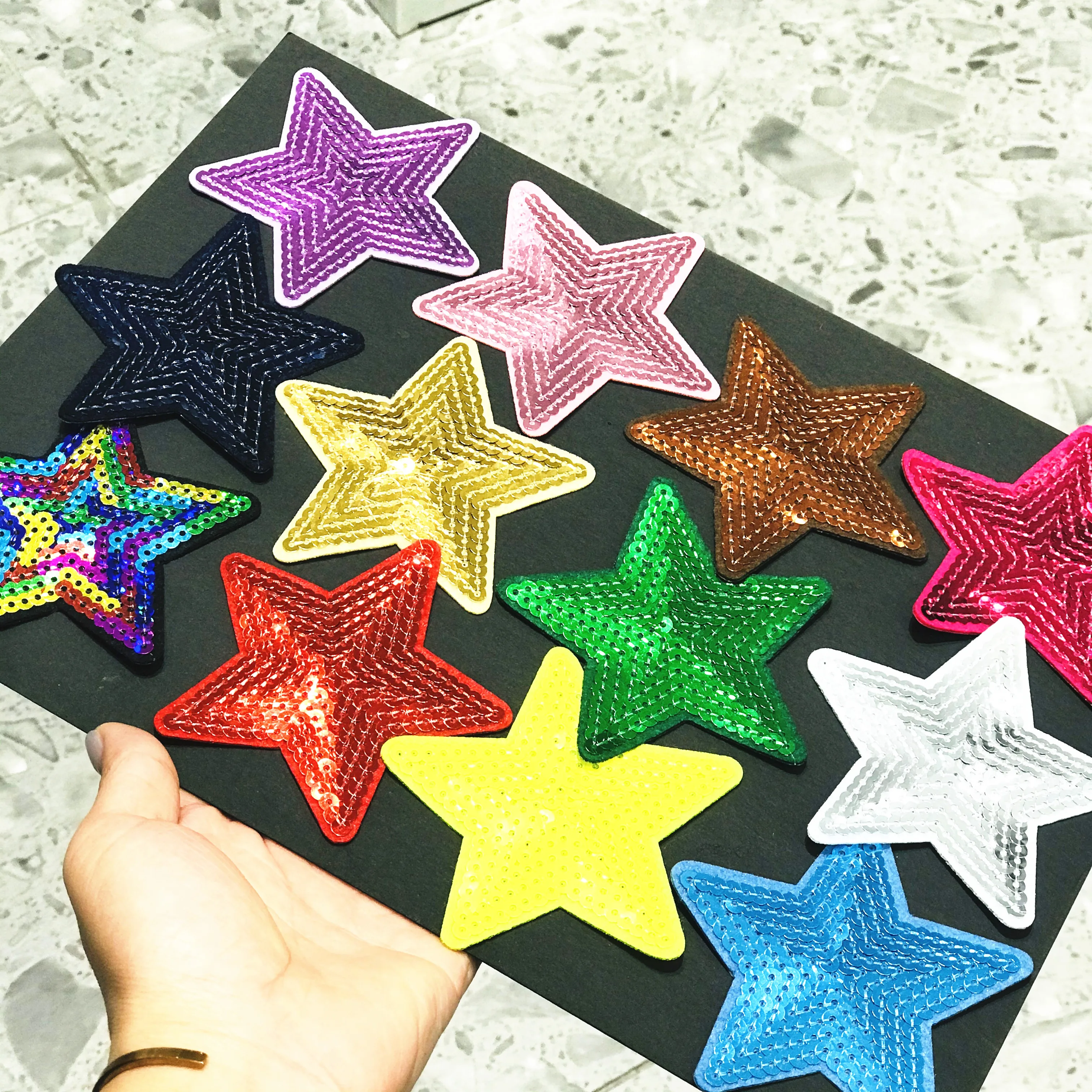 

Wholesale 10Pcs Black Star Sequins Patches For Clothing Iron On Embroidered Appliques DIY Apparel Sewing on Stickers 15 colors