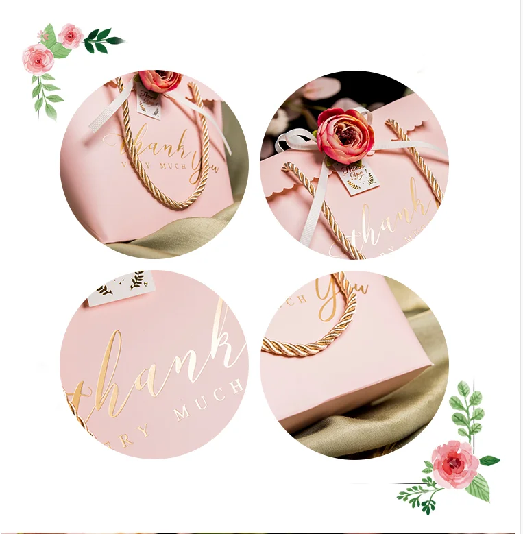 

5pcs Pink Shopping Handle Bag Gift Packaging Color Kraft Paper Pouch Package Protable Ribbon bows Ribbon bows Decor Hand Bag