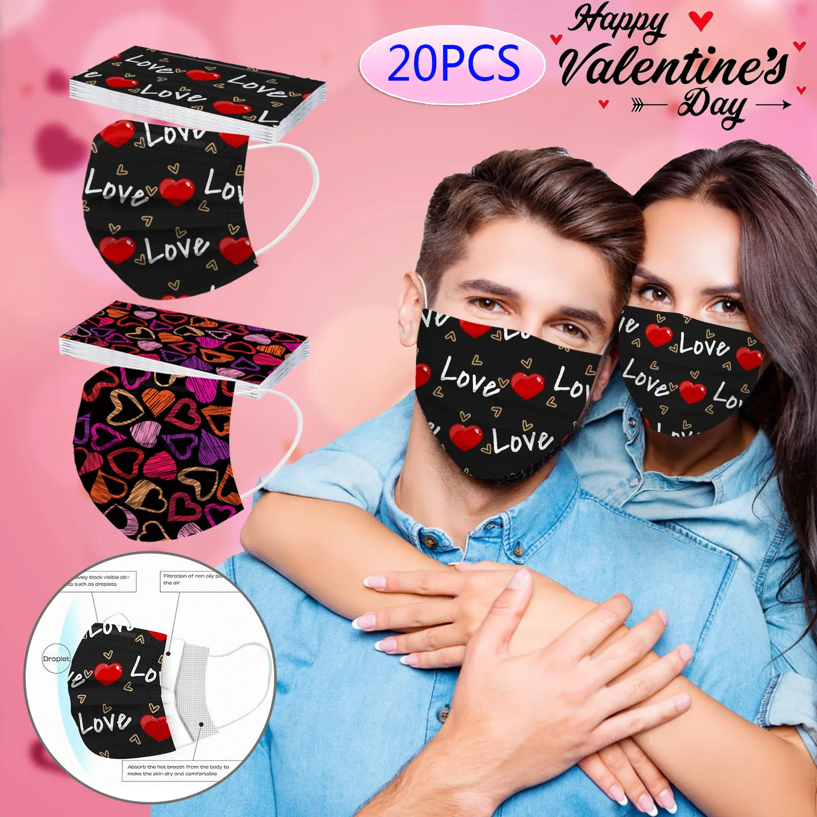 

Cubrebocas Mascarillas Quirurgicas Homologadas 20PCS Disposable s Adults Valentine's Day Printed 3-Layer s mascarilla Monder