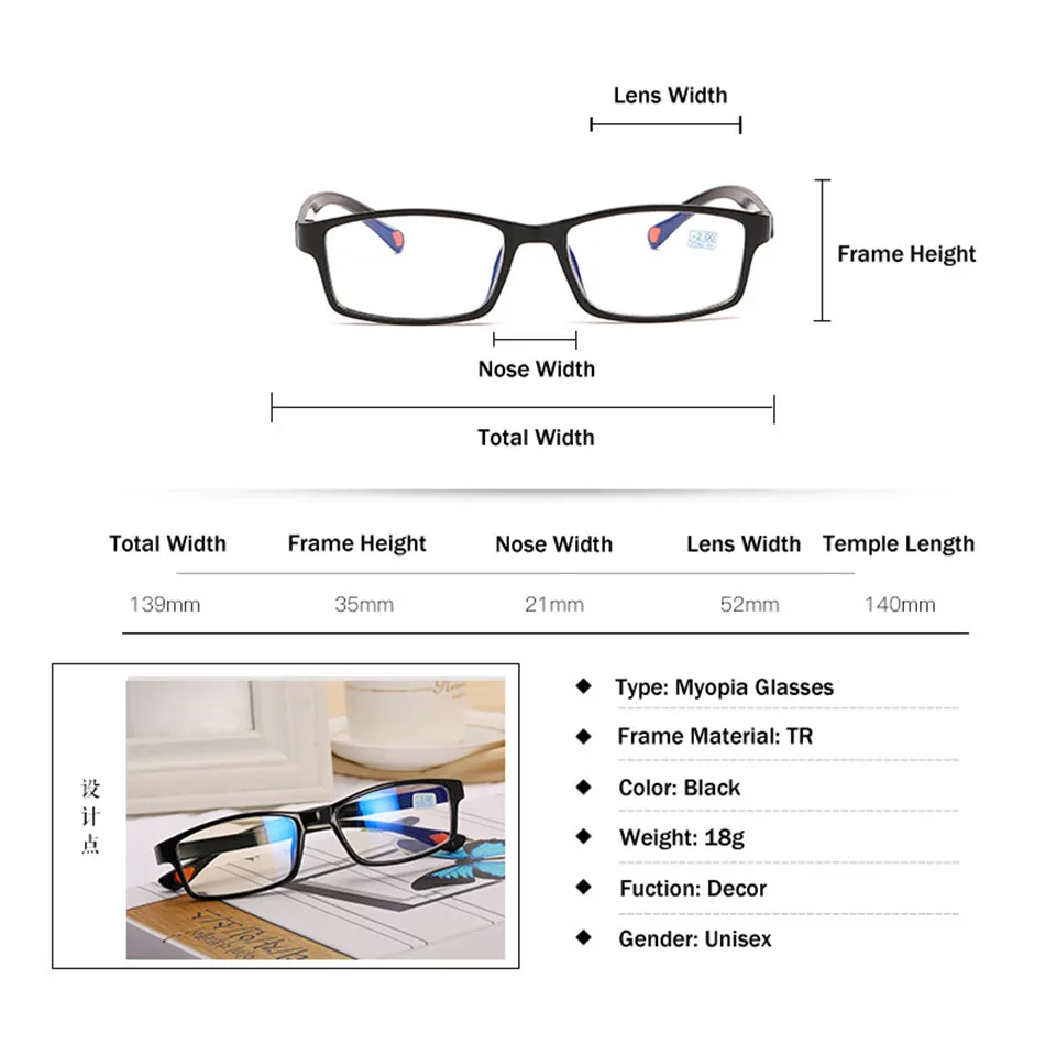 

Elbru 0 -1.0 1.5 2.0 2.5 3.0 3.5 4.0 Finished Myopia Glasses Frame Women Men Ultralight TR Myopic Nearsighed Eyeglasses Students