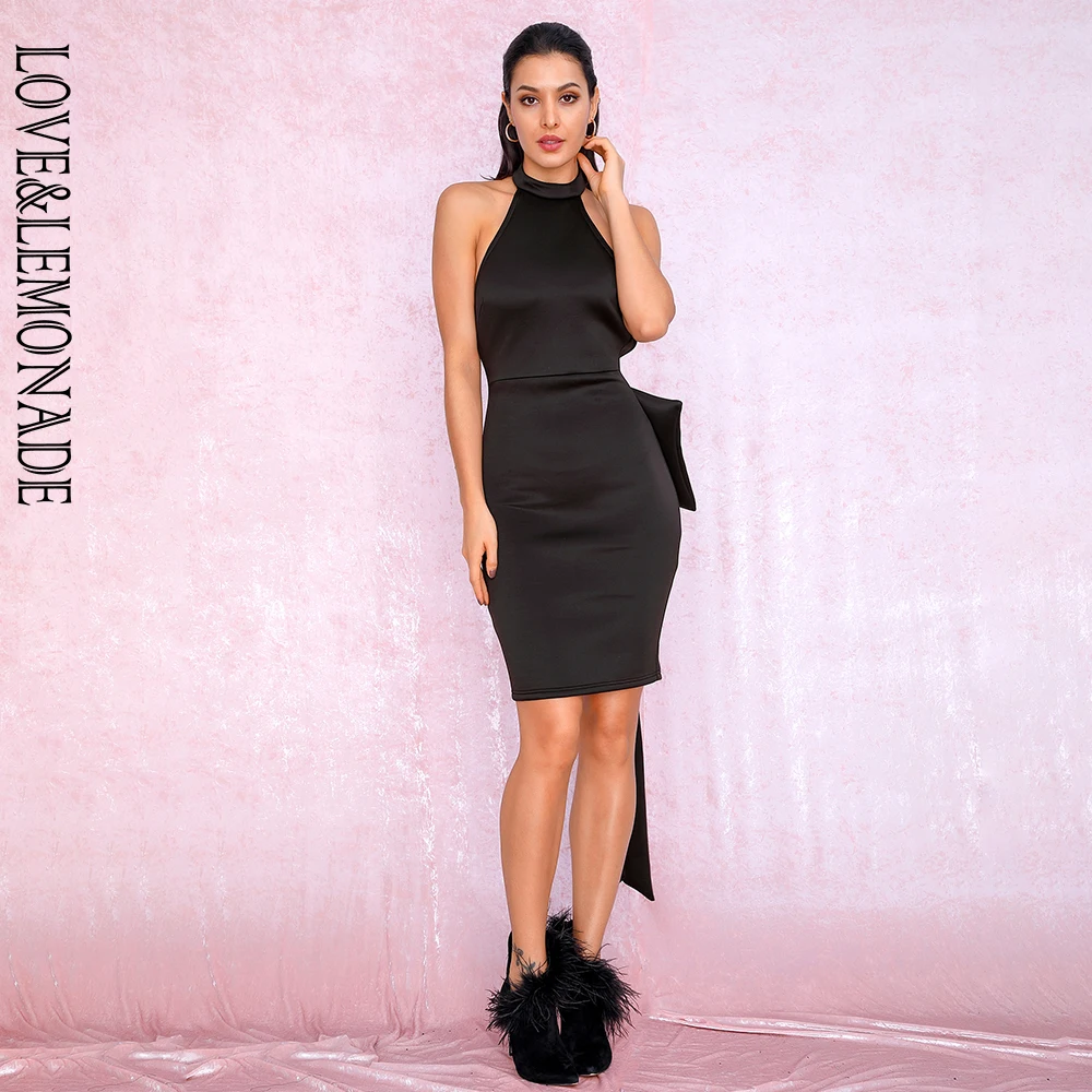 Женское облегающее платье LOVE & LEMONADE черное с воротником стойкой открытой спиной и