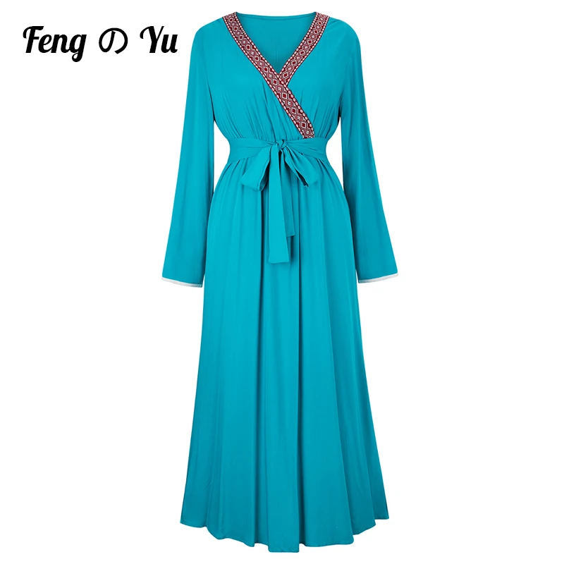

Bohemian Style Retro Solid Color Dress Female V-Neck Cotton And Linen Long-Sleeved Sexy Beach Skirt High Waist Lace-Up Ladies