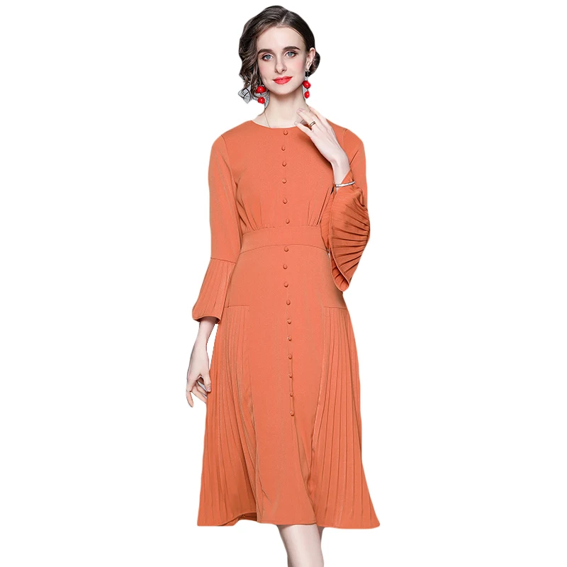 

Orange Dress 2021 Spring Fashion Women Flare Sleeve Elegant Buttons Pleated Midi Dress Vestidos Robe Femme