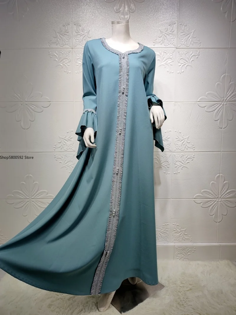 Muslim Fashion Ruffle Sleeve Jalabiya Eid 2021 Kaftan Dress Abayas For Women Dubai Moroccan Arabic Turkish Clothes Golden Lace