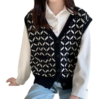 beautana knitted sweater vest for women 2021 autumn geometric v neck oversize pullover loose chic knitting yarn ribbed tank top