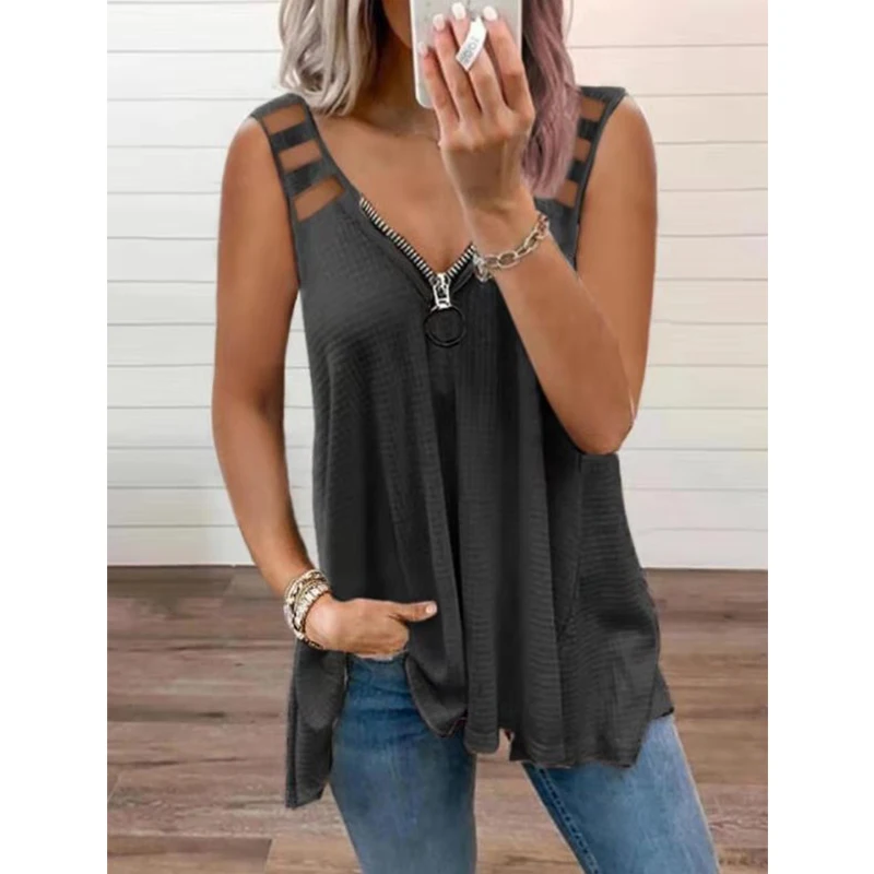

Women Sexy Hollow-Out Lady Fashion Tops Casual Clothes Sleeveless V-neck Loose Tshirts Zipper Plus Size T-Shirt Femme Tunic