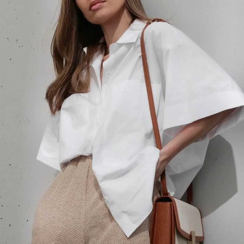

EleeMee New 2021 Summer Loose Shirt Women Half Sleeve Pocket Turn Down Collar All-Match Oversized Female Tops Size S-L