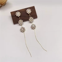 long chain simulated pearls flowers clip earrings fashion girls shiny cubic zircon earrings