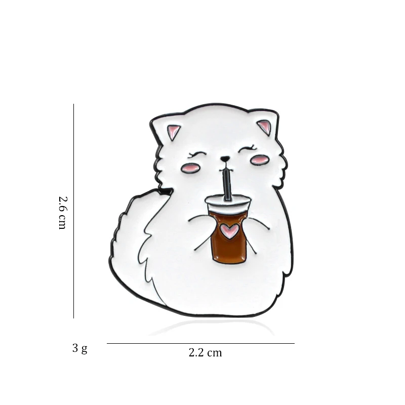 

New Fashion White Fat Cat Enamel Pin Drinking Lemon Tea with Love Lapel Pins Coat Badge Cute Brooches for Women
