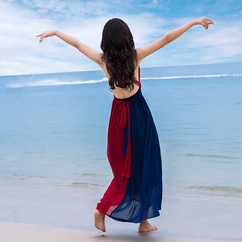 Новый темно синего и красного цвета контраст с низким вырезом на спине платье