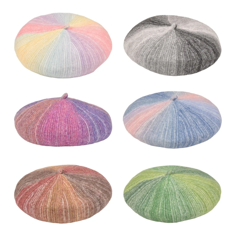 

Ретро градиентный вязаный берет Модная вязаная шапка дикая художественная шапка художника осень зима G5AE