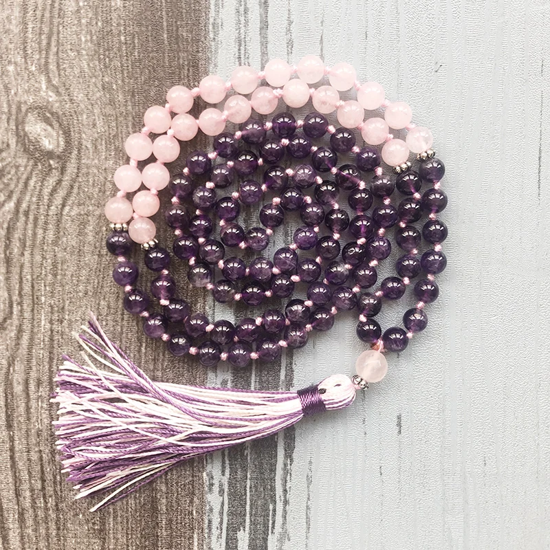 Аметист Роза Q uartz 108 Mala ожерелье с узлом и кисточкой ювелирные изделия Йога