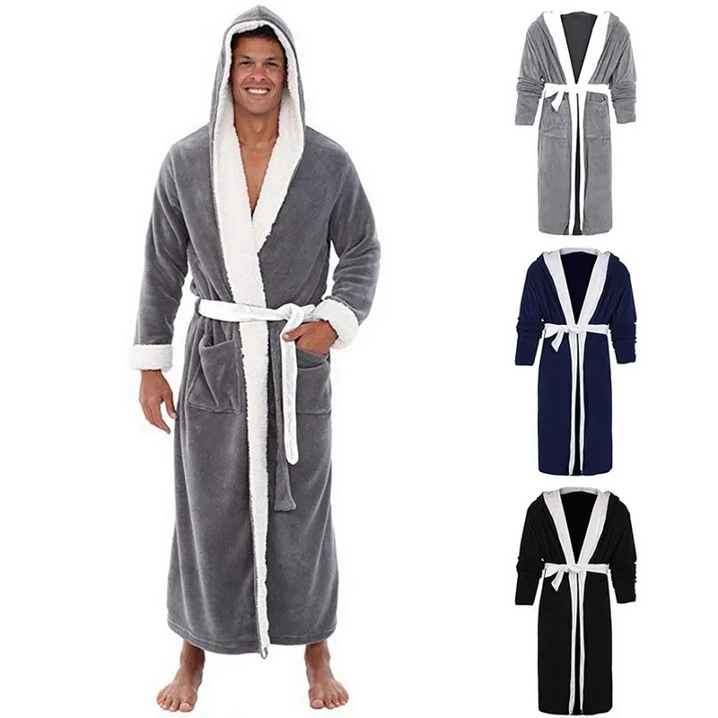 

Men Casual Kimono Bathrobe Autumn Winter Flannel Long Robe Thick Warm Sleepwear Plus Size 5XL Nightgown Male Casual Homewear
