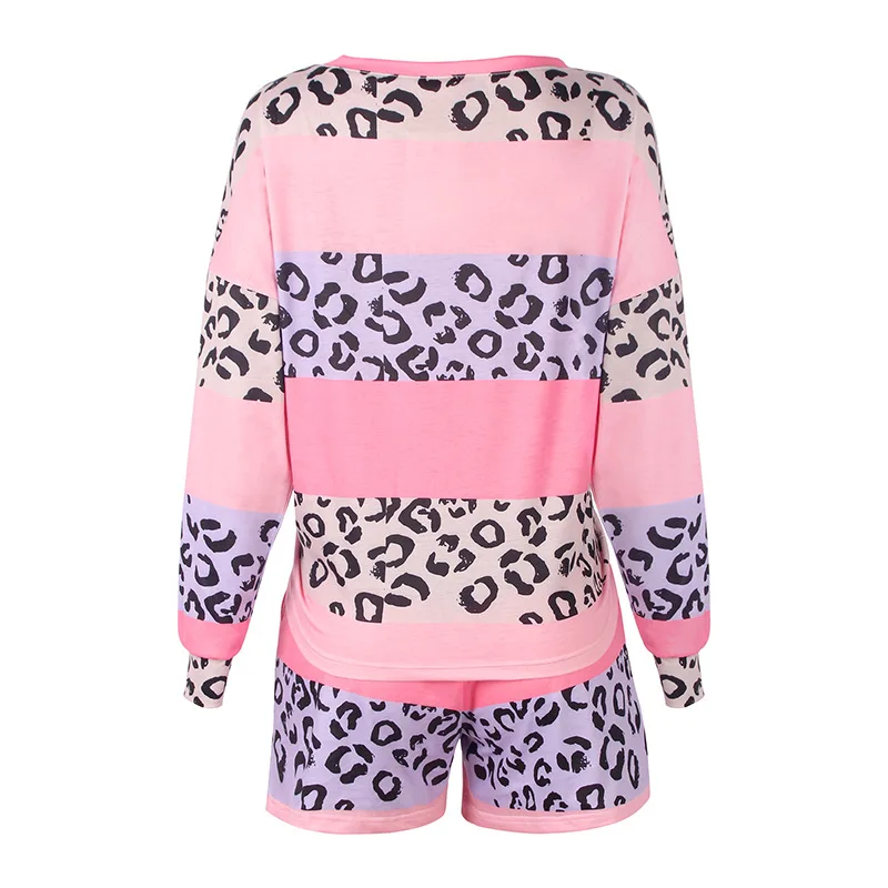 

Mandylandy Casual Leopard Patchwork Home Pajamas Women 2 Pieces Set Round Neck Long Sleeve Top + Shorts Set Loungewear Sleepwear