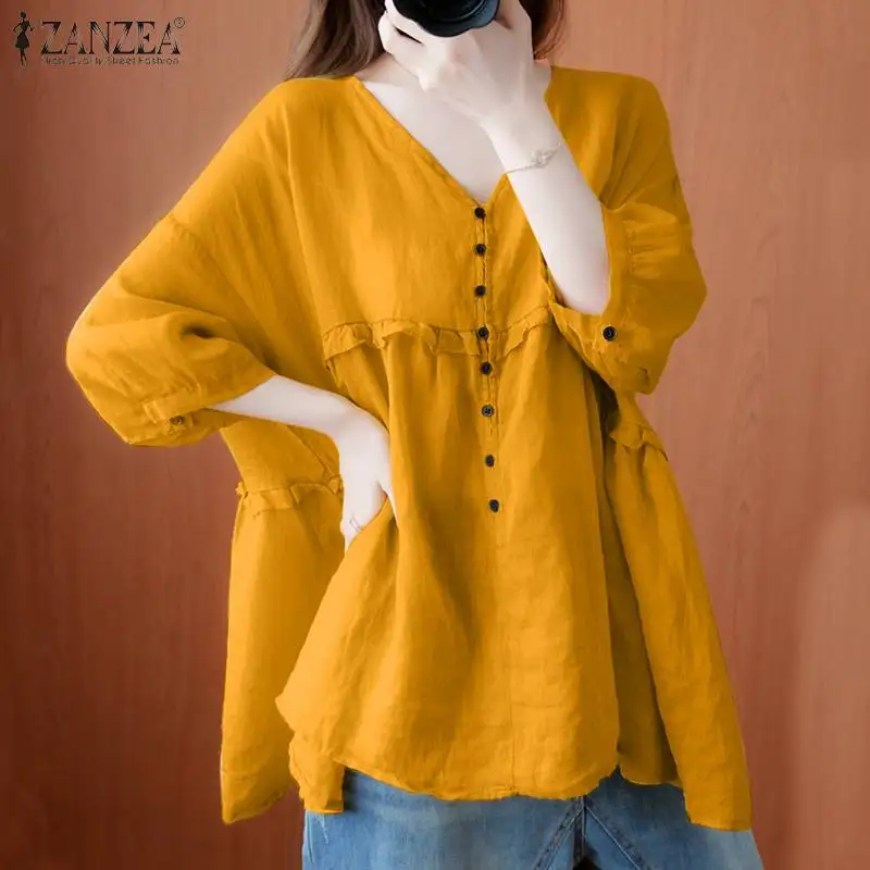 

Однотонная блузка ZANZEA в стиле ретро, лето 2021, элегантная женская блузка с оборками, Элегантная туника с соединением, модные повседневные топ...