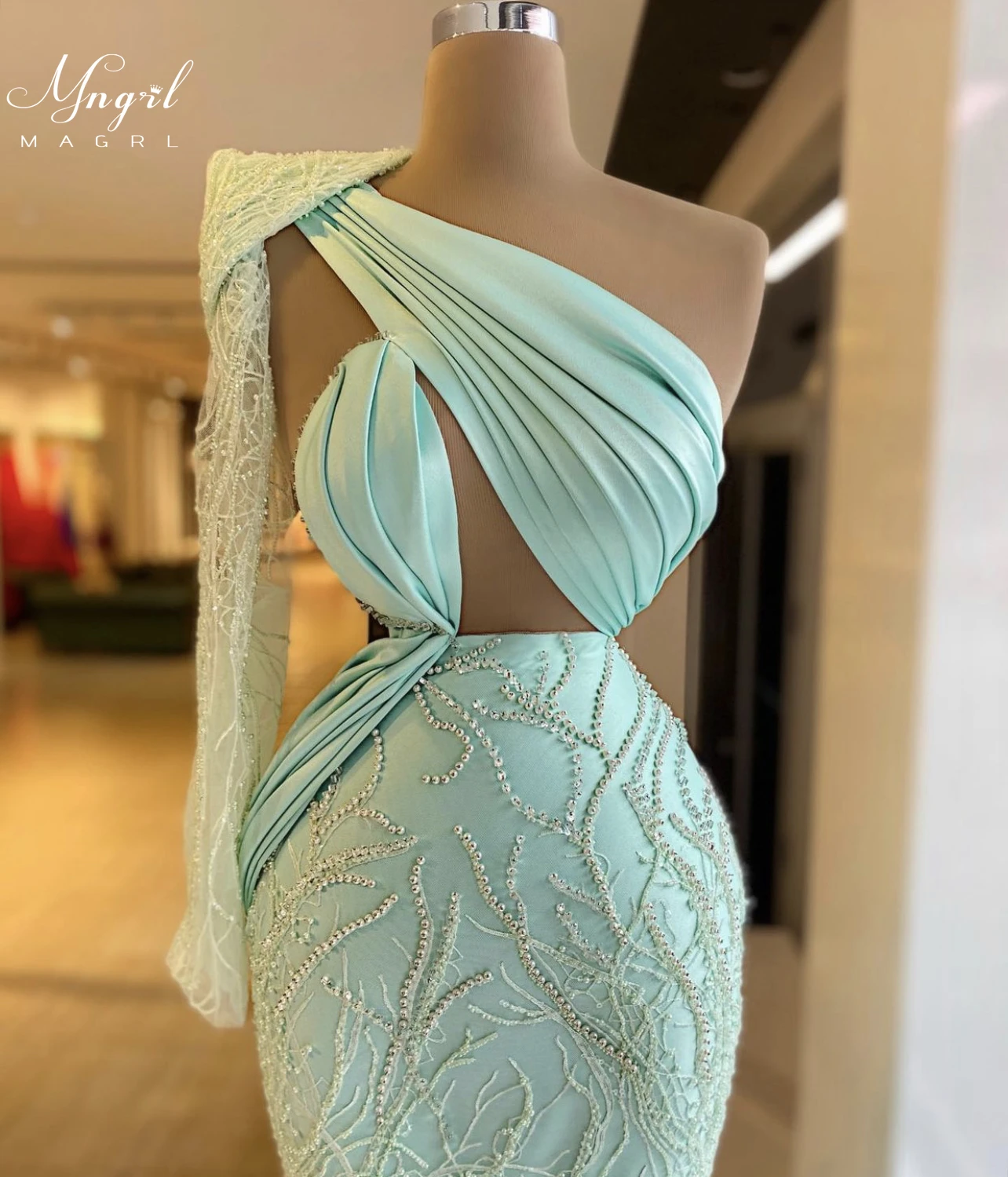 

MNGRL Luxury Evening Dress One-shoulder Long Sleeves Hand-applied Diamonds Glittering 2021 New Evening Dress Party Dress