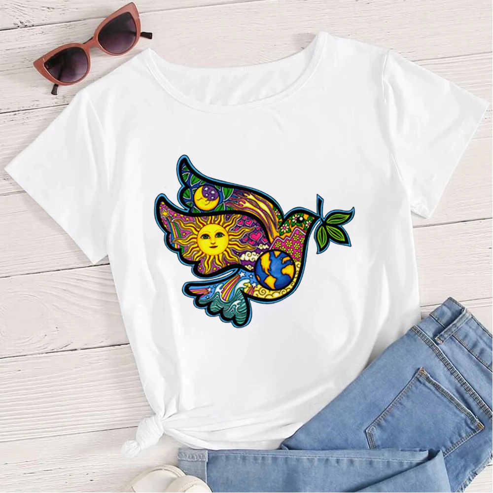 

MUMOU Peace Bird Sun Moon New T Shirt Women Top Tee Harajuku Funny Cute Hop Graphic T-shirts Loose Beautiful Pretty Tshirt Gym