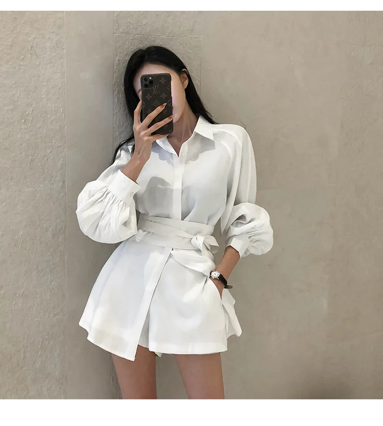 

Korean Style Early Autumn New Women's Clothing Lace-up Waist Wide Leg Shorts Casual Women's Two-Piece Suit