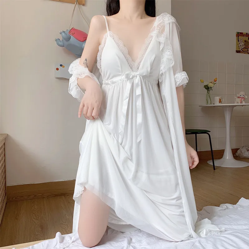 

White Robe Loungewear Satin Kimono Strappy Women Sexy Silk Lingerie Lace Nightgown Summer Sleepwear Wedding Brides Nighedress