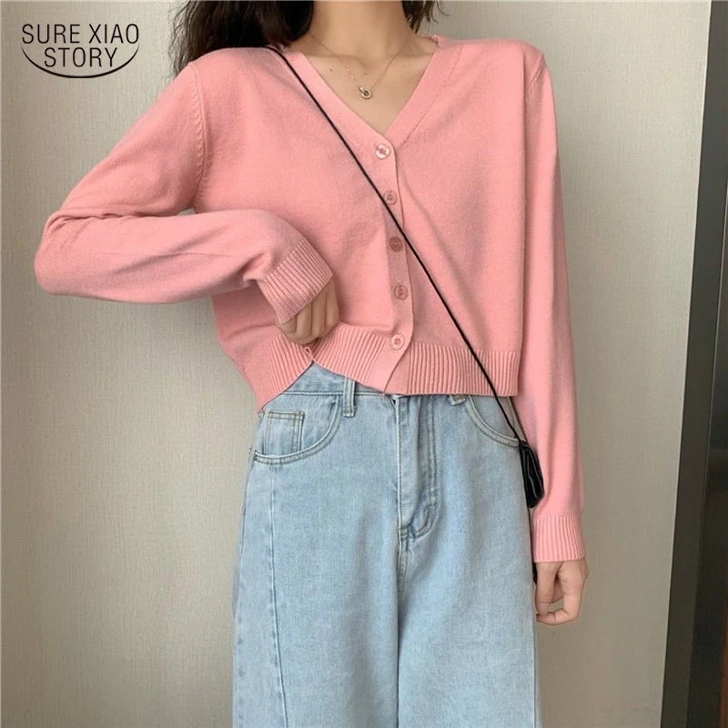 

Женский трикотажный кардиган, Однотонный свитер радужной расцветки с V-образным вырезом и длинными рукавами, модель 16610 в Корейском стиле на...