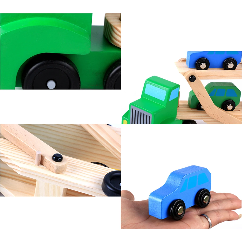 

Wooden Double-deck Car Transporter 1 Truck & 4 Small Cars Kids Education Toy