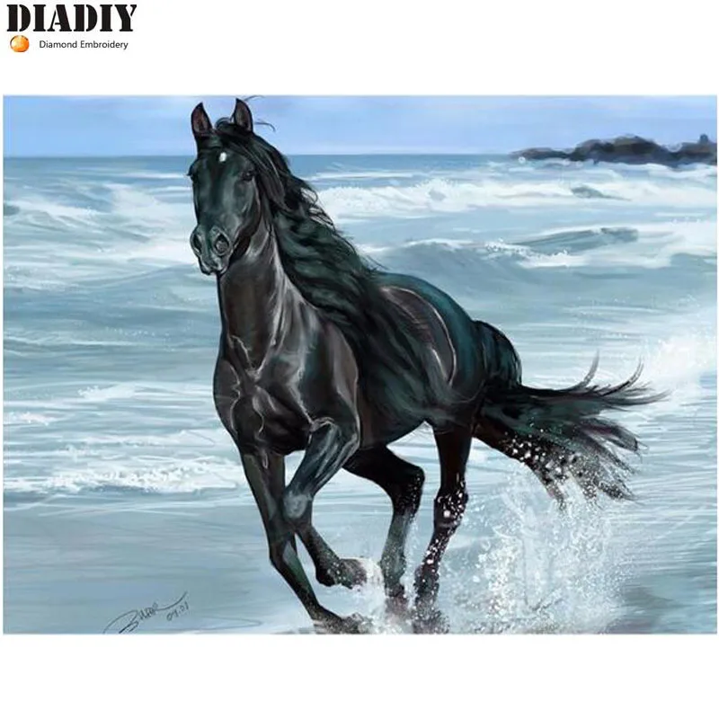 

Полный набор для рисования с круглыми камнями и полотном 5D DIY алмазная живопись "вороной конь" Алмазная Вышивка крестом Стразы мозаичная дек...