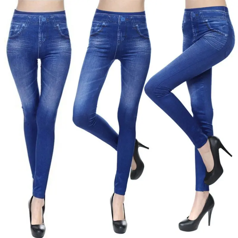 Women Fleece Lined Winter Jeggings Seamless Faux Jeans Denim Slim Pencil Pants | Женская одежда