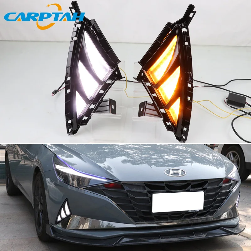 

2PCS LED Daytime Running Light For Hyundai Elantra 2021 2022 Turn Yellow Signal Relay 12V Car DRL Lamp Waterproof ABS