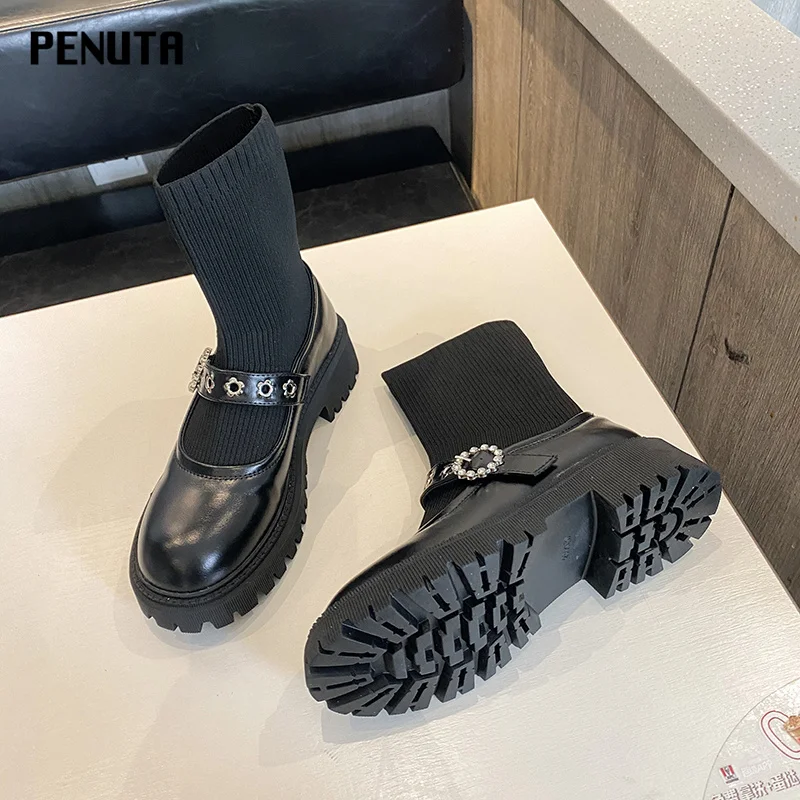 

Chunky Heel Slip On Western Ankle Booties 2021 Knitted Ladies Autumn Socks Boots for Women Lolita Fashion Female Shoes B025P