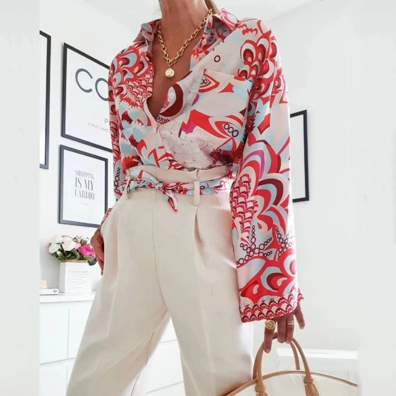 

Autumn New Women Fashion Printed Long Sleeve Blouse Shirts Elegant irregular Laced Tops Ladies Chic Single-breasted Shirt Blusa