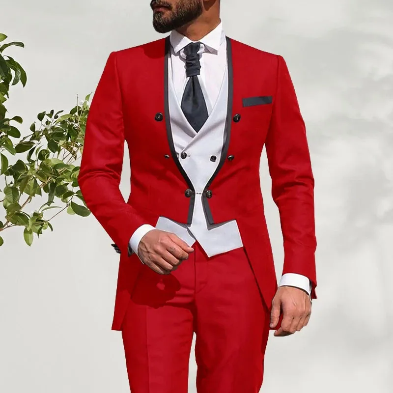 Men's elegant double-breasted slim 3-piece wedding party suit, splicing color groom and best man dress jacket+vest+pants