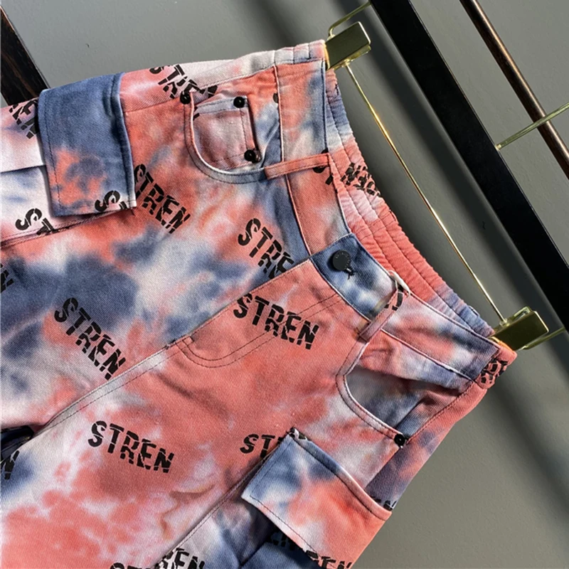 

CHICEVER Casual Letter Print Denim Short For Women High Waist Patchwork Pockets Hit Color Loose Shorts Females Summer 2021 Style