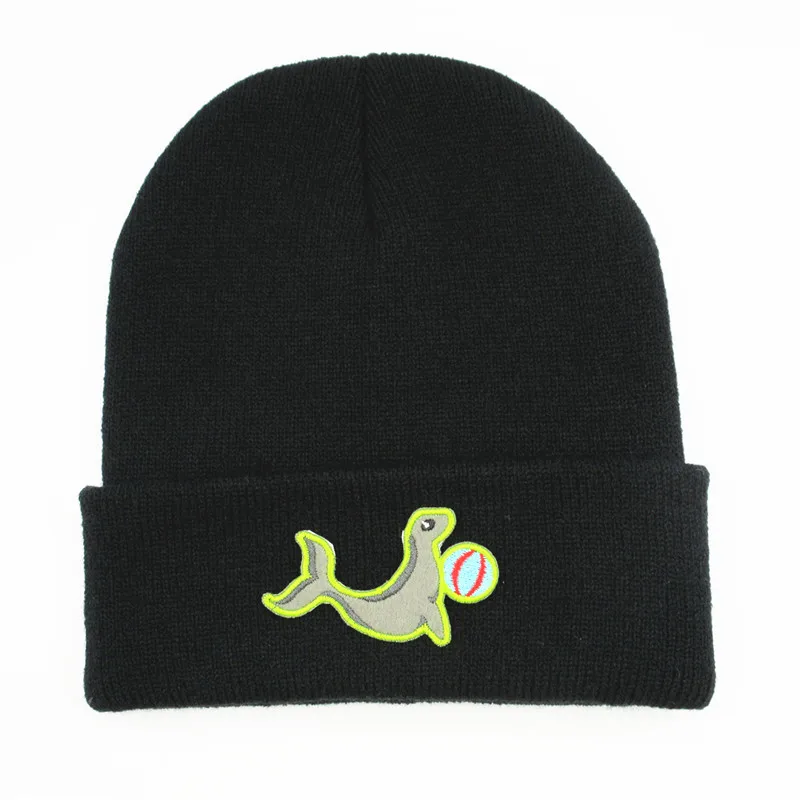 

Хлопковая утепленная вязаная шапка с вышивкой морского льва, зимняя теплая шапка, шапочки, Шапка-бини для детей, для мужчин и женщин, 392