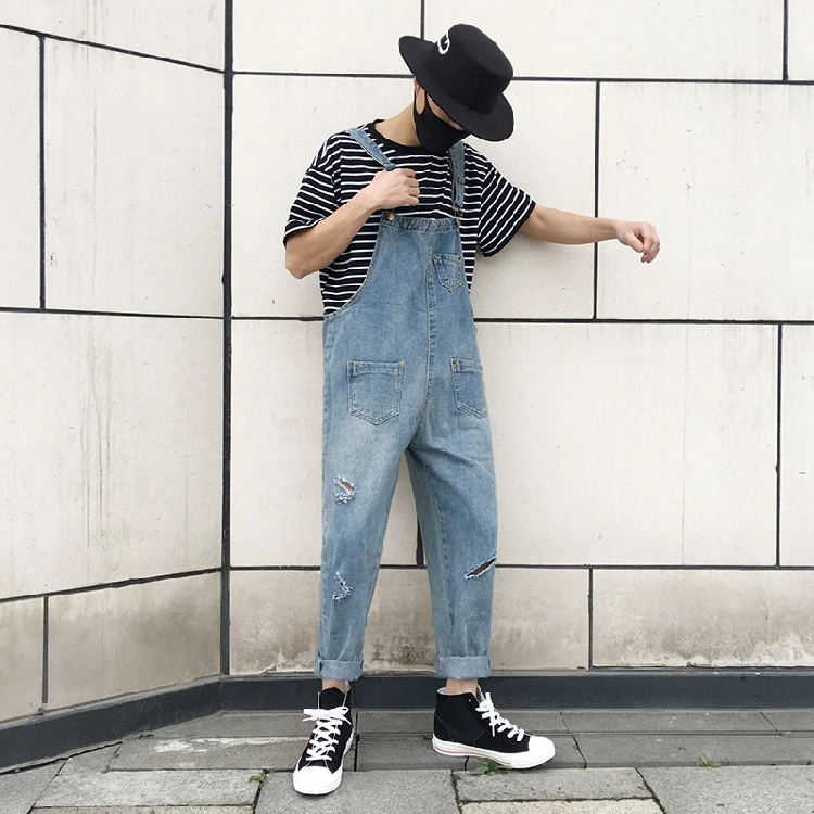 New Fashion Men's Ripped Jeans Jumpsuits Hi Street Distressed Denim Bib Overalls For Man Suspender Pants