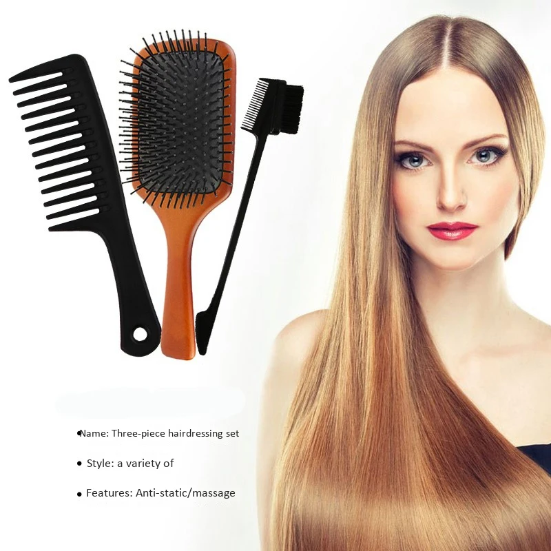 

3PCS Wooden Hair Brush Scalp Massage Improve Hair Health Wood Paddle Detangling Comb Large Tooth Comb Eyebrow Brush