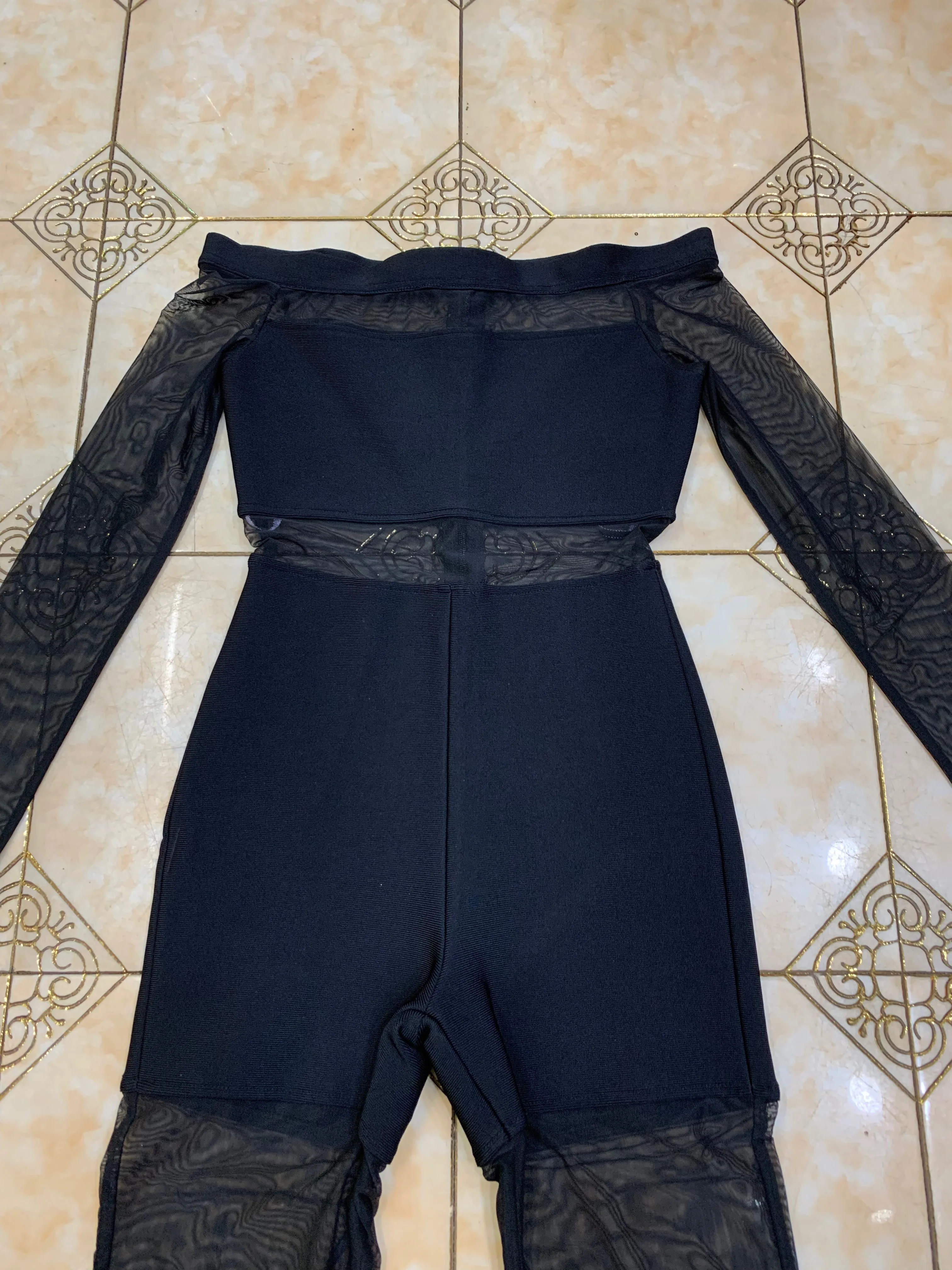 

Babatique New Fashion Sexy Lace Mesh Off the Shoulder Long Sleeve Designer Black Party Rayon Bandage Bodysuit Playsuit For Women