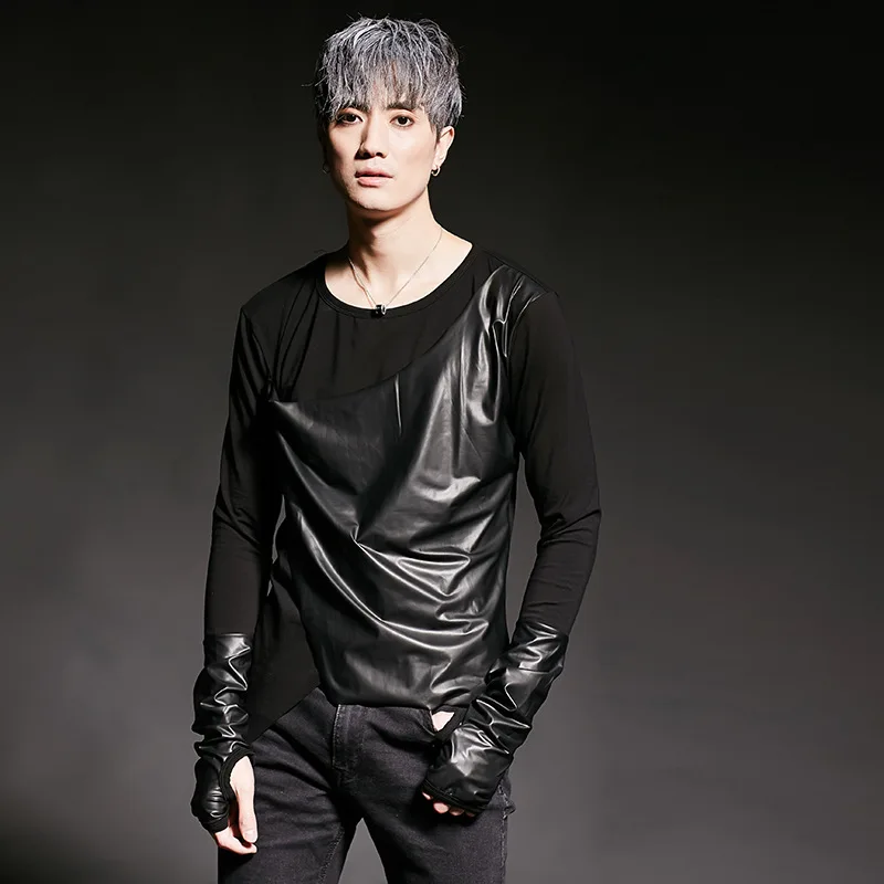 Мужская кожаная облегающая футболка с длинным рукавом в стиле панк готика одежда