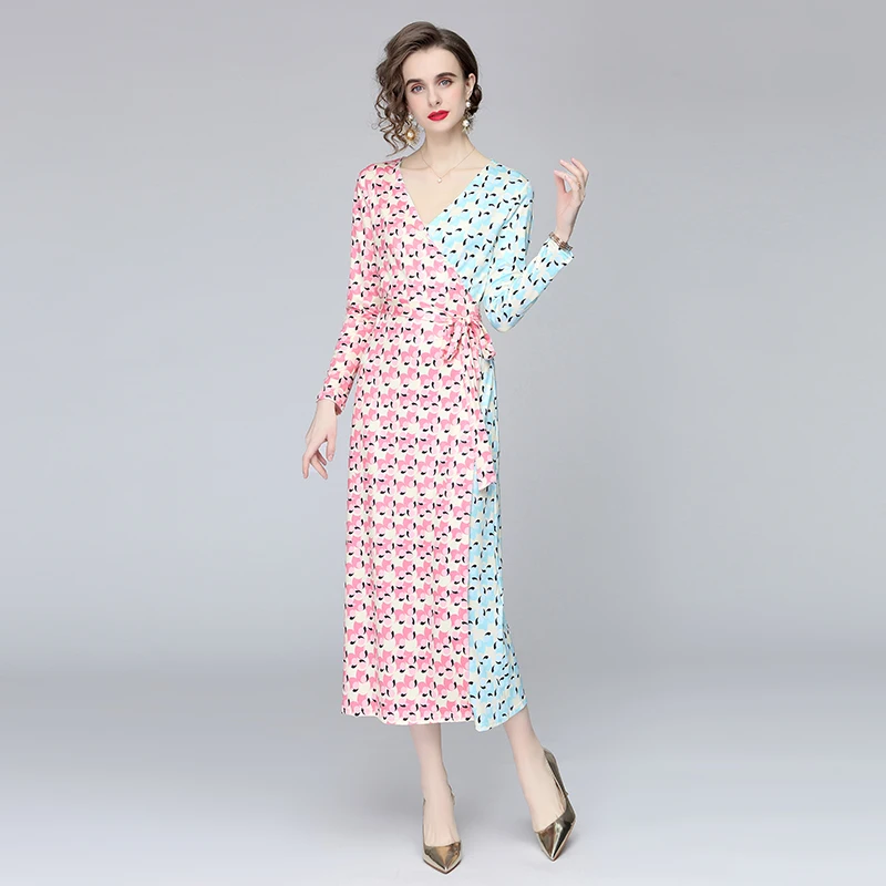 

Summer Women's New Two-Color Printed Temperament Holiday Wind One-Piece Cardigan Lace-up Wrap Long-Sleeve Dress