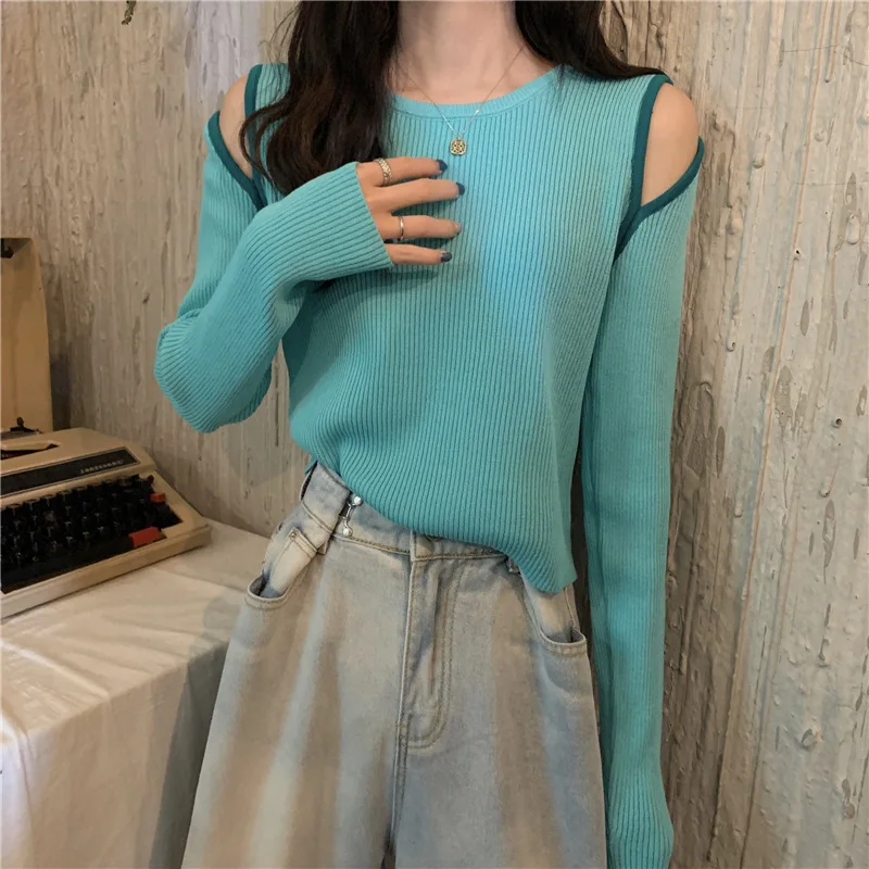 

Korean Style Autumn Winter New Sweater Women O Neck Long Sleeve Ripped Hole Elasticity Jumper Elegant Slim Knitting Tops 2020