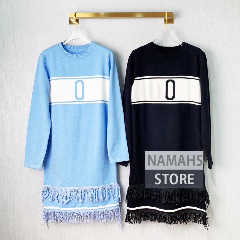 

high end dresses for women luxury letter jacquard tassel design long sleeve round collar wool sweater mini dress branded clothes