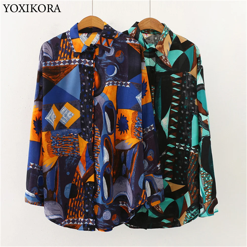 

Fall New Style Ink Geometric Print Long-Sleeved Loose Sunscreen Shirt Retro Shirt Women