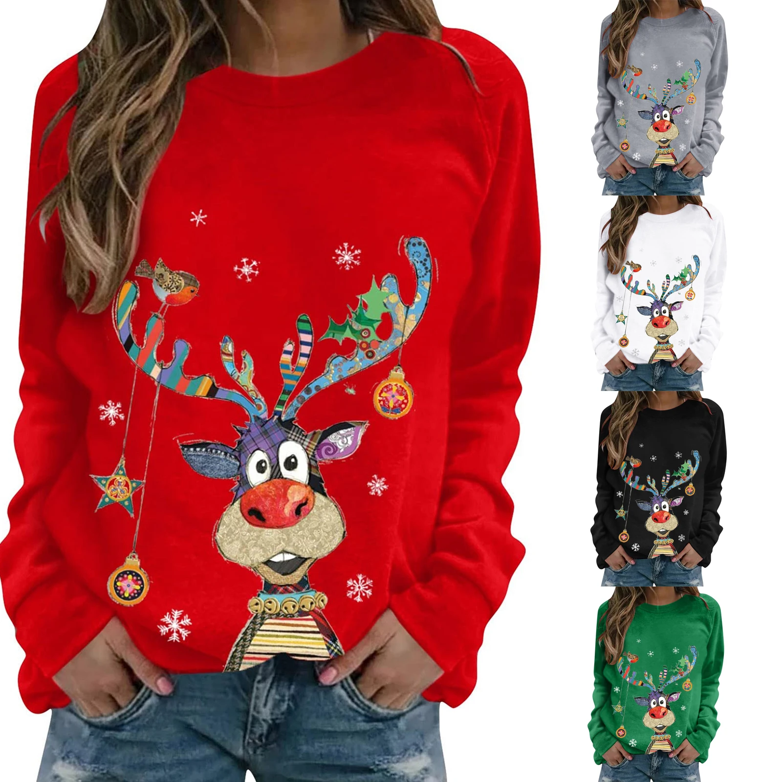 

Women Christmas Casual Sweatshirt Adults Cartoon Print Long Sleeve Round Neck Pullover