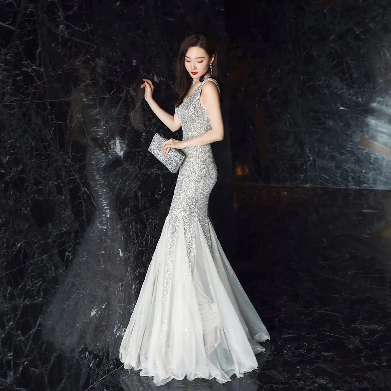Сексуальное вечернее платье русалки с глубоким v-образным вырезом и блестками, длинное платье, элегантное платье Vestido de Fiesta Robe Ruffules, торжественное платье, YNY-16538